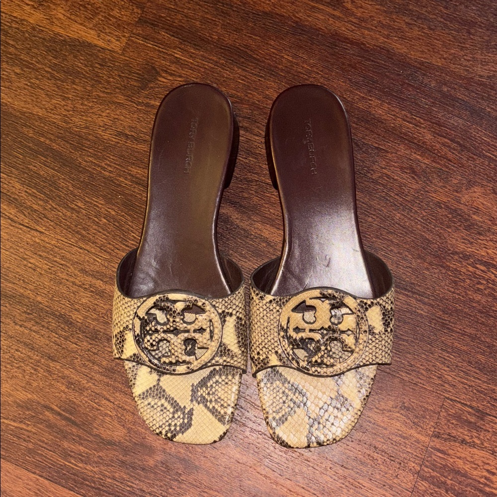 Tory Burch Snakeskin Slide Sandals - Tan and Black